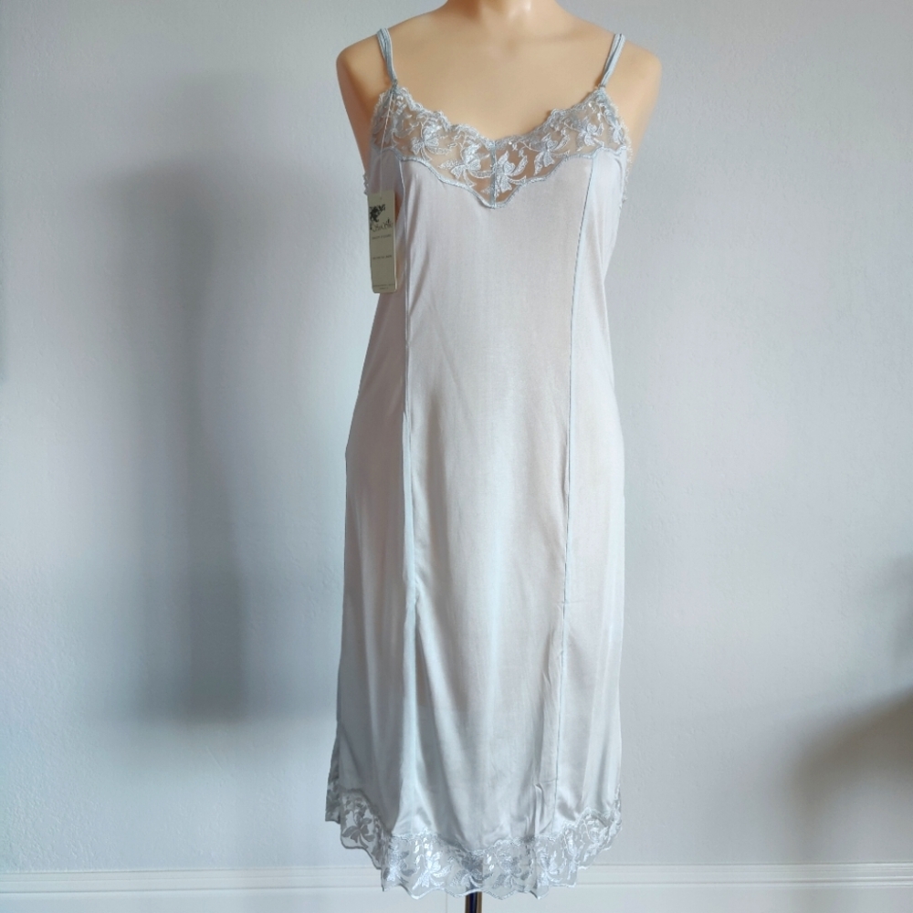 NWT Vintage Silk Slip Dress | Knit Silk Lingerie Nightgown- Gray | Lace Chemise